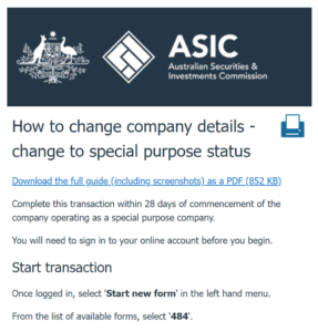 Convert company to a special purpose company ASIC Form 404