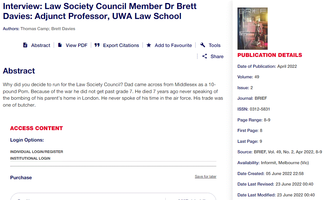 Professor Brett Davies interview with WA Law Society