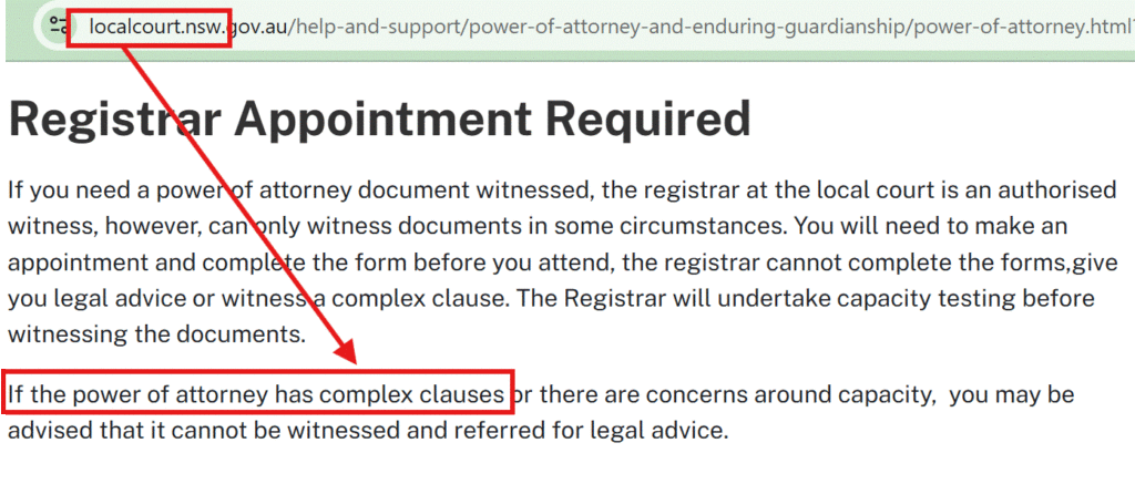 NSW local court refuses to witness POA with exotic clauses - and for good reason.