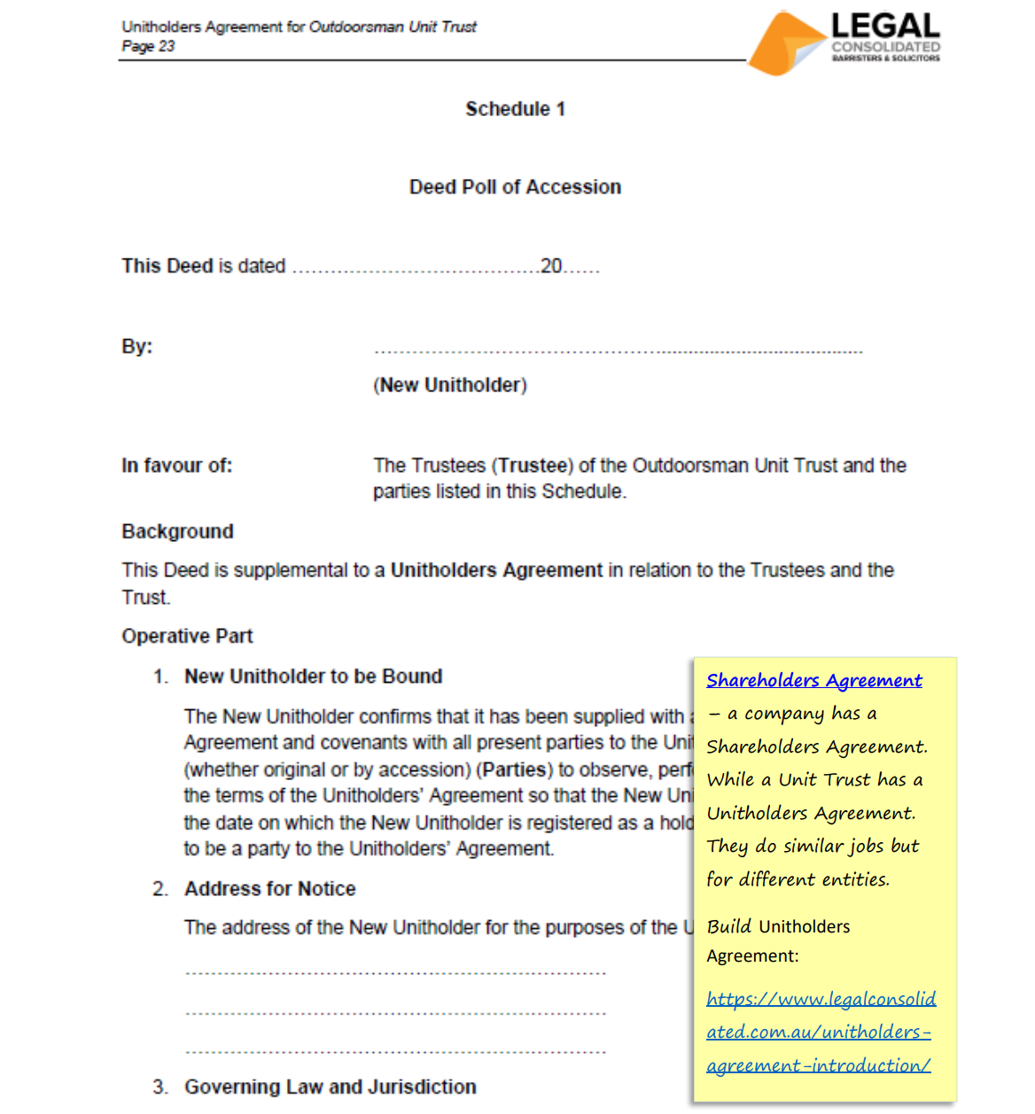 To bind new unitholders to your existing agreement, Legal Consolidated's Unit Holders Agreement includes a built-in Deed of Accession for seamless integration.