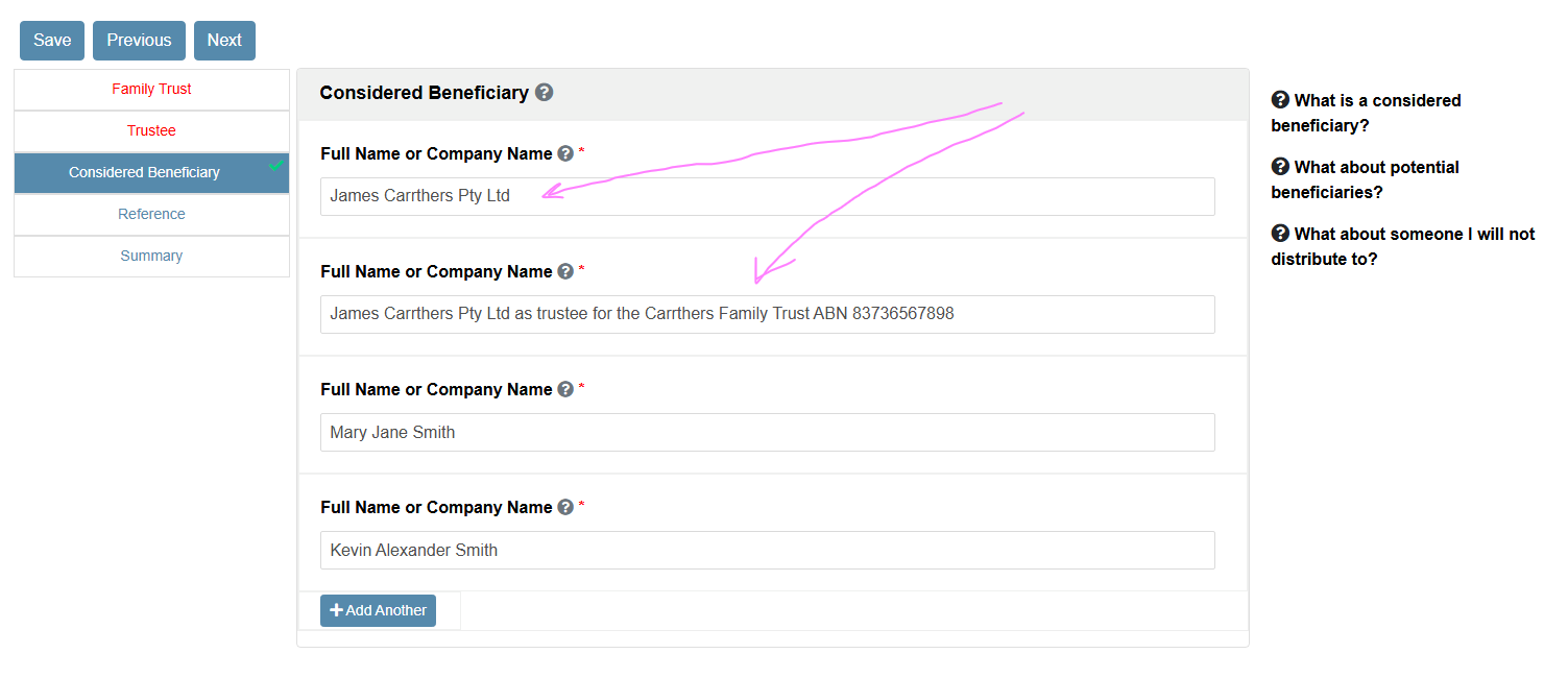 you need to include all people, companies and trusts that your family trust allows you to distribute to
