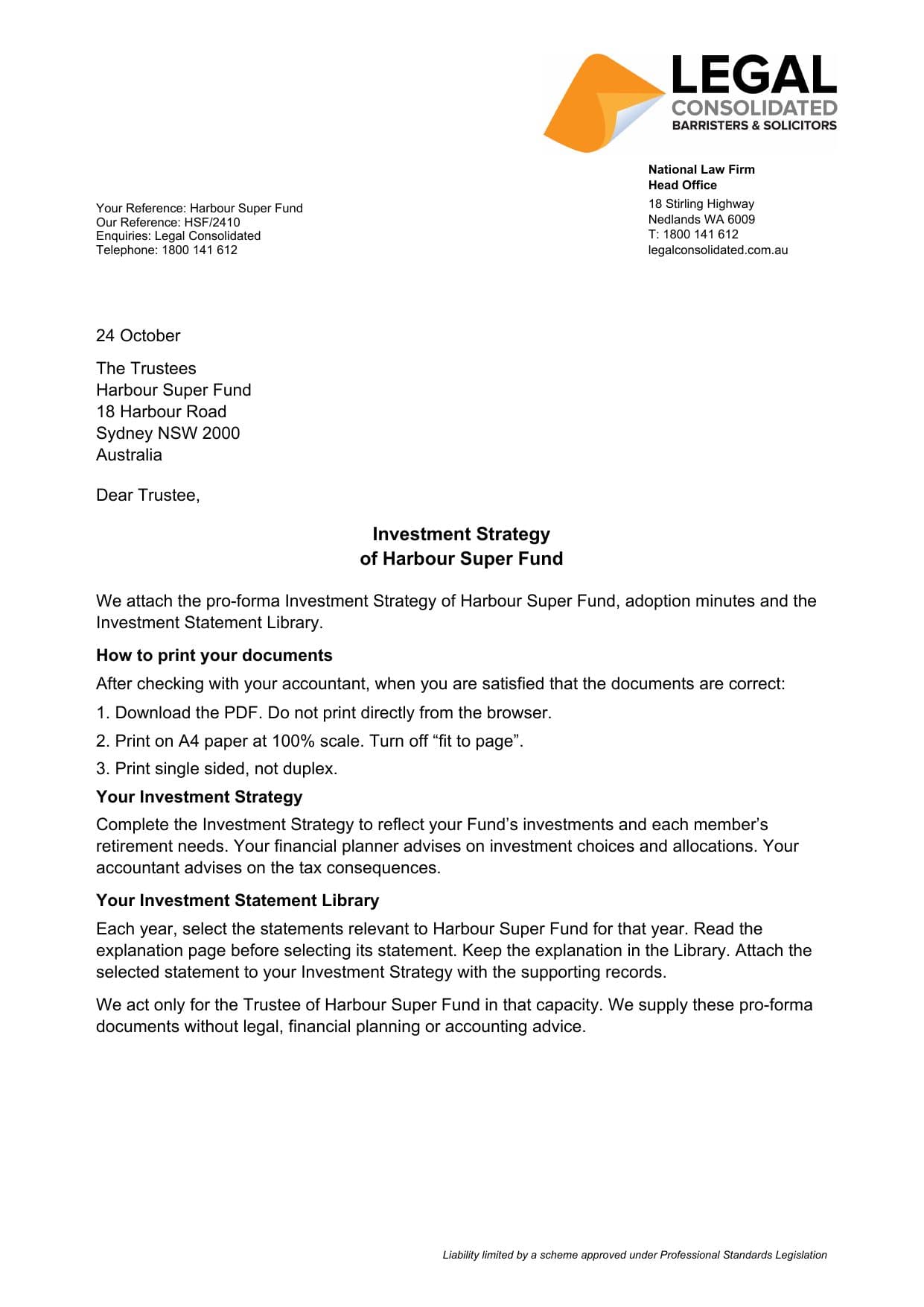 Sample first page of Legal Consolidated’s SMSF Investment Strategy cover letter for Harbour Super Fund