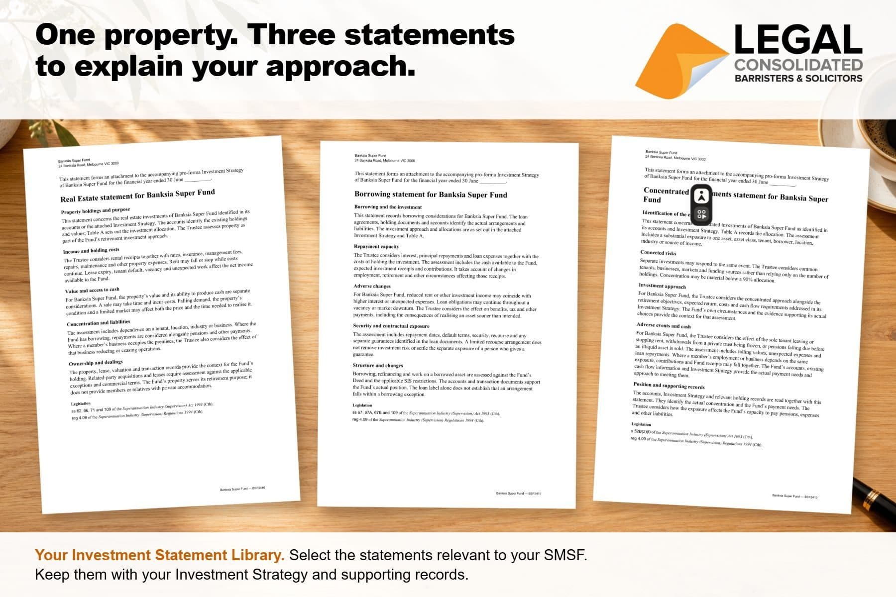Actual Real Estate, Borrowing and Concentrated Investments statements for Banksia Super Fund, with the original Legal Consolidated logo