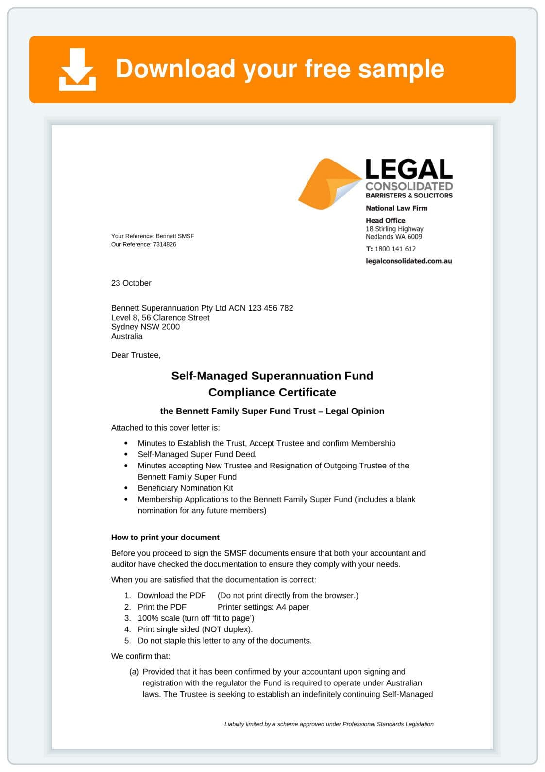 Download the free SMSF Deed sample — Legal Consolidated law firm cover letter