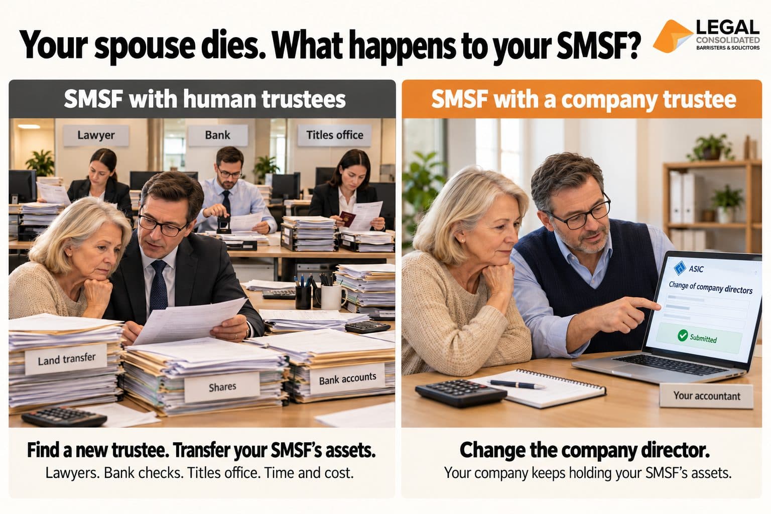 Your spouse dies: an SMSF with human trustees faces asset-transfer paperwork; with a company trustee, your accountant changes the company director while the company keeps holding the SMSF assets.