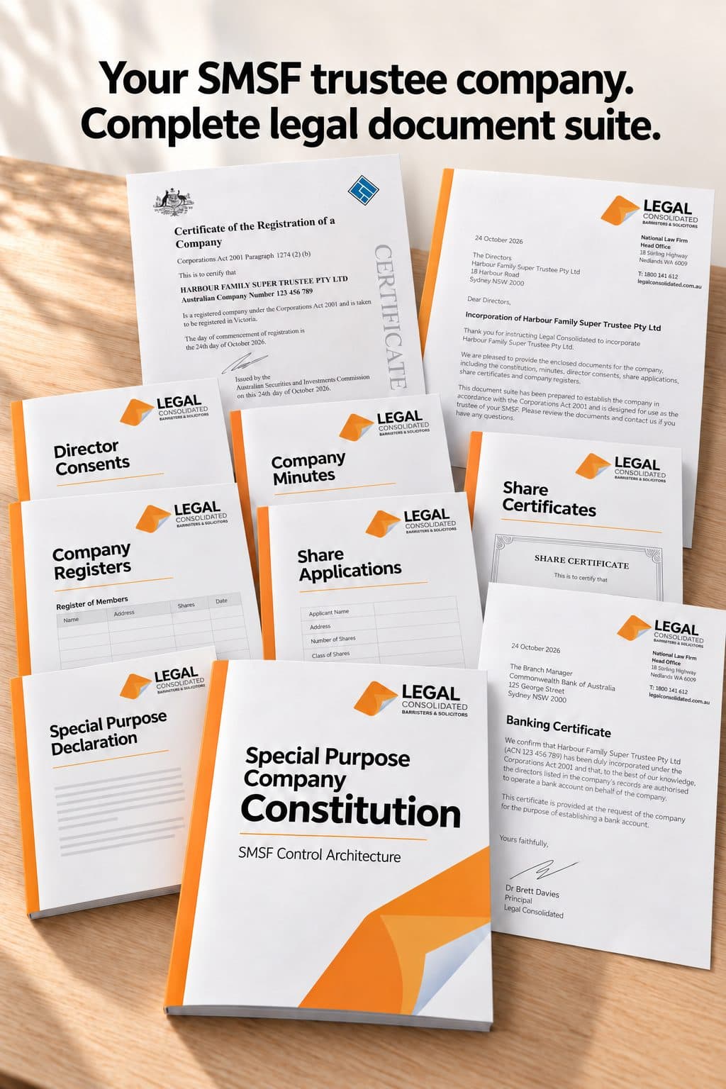 Legal Consolidated SMSF trustee company document suite, including Constitution, ASIC certificate, cover letter, banking certificate, minutes and consents