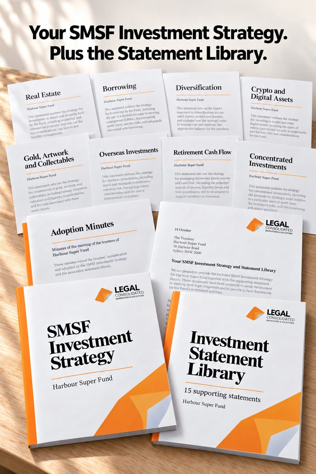 Legal Consolidated SMSF Investment Strategy, adoption minutes, cover letter and Investment Statement Library
