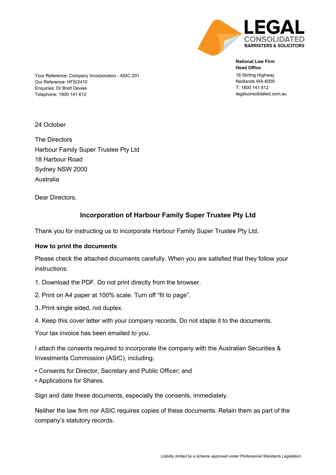 First page of Legal Consolidated’s company incorporation cover letter for Harbour Family Super Trustee Pty Ltd