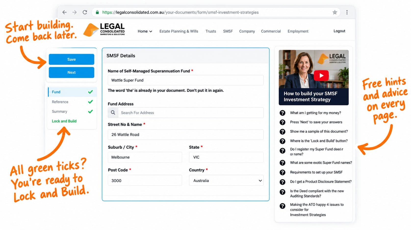 SMSF Investment Strategy builder showing green completion ticks, Lock and Build, a lawyer training video and handwritten notes explaining free hints and saving your work