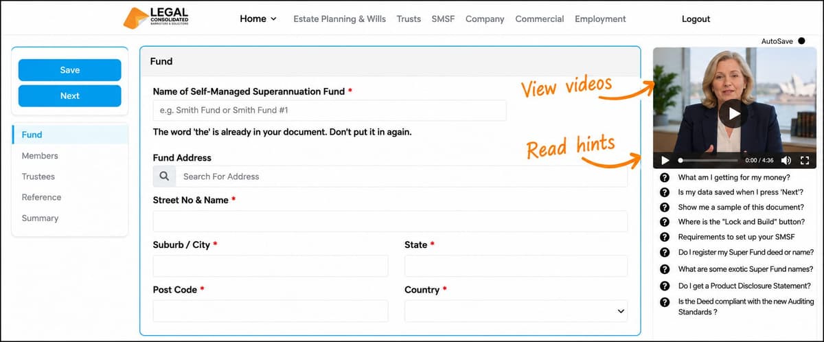 New SMSF Deed building questions, with orange notes showing where to read hints and view training videos