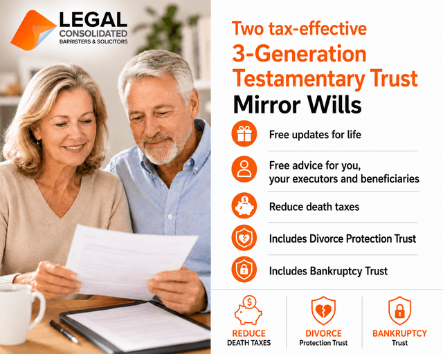 3 Generation Testamentary Mirror Wills reduce death taxes divorce and bankruptcy trusts
