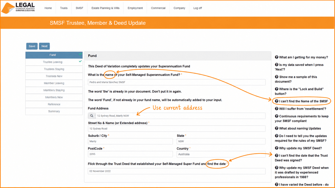 SMSF Update building process with fund details and explanatory hints beside the questions
