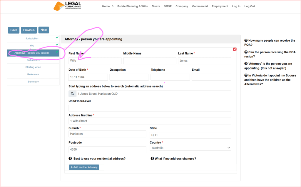 how to appoint the spouse as the first QLD POA
