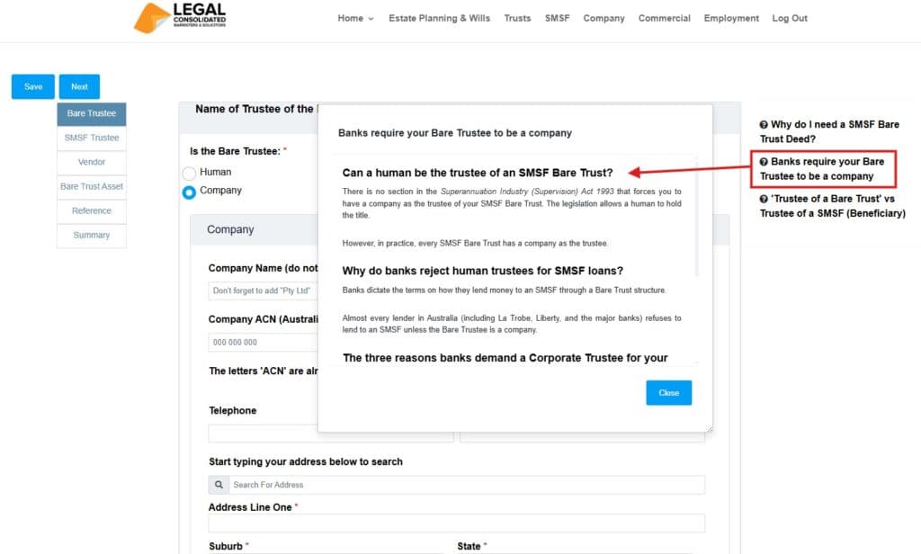Banks require you to have a company as trustee of the bare trust