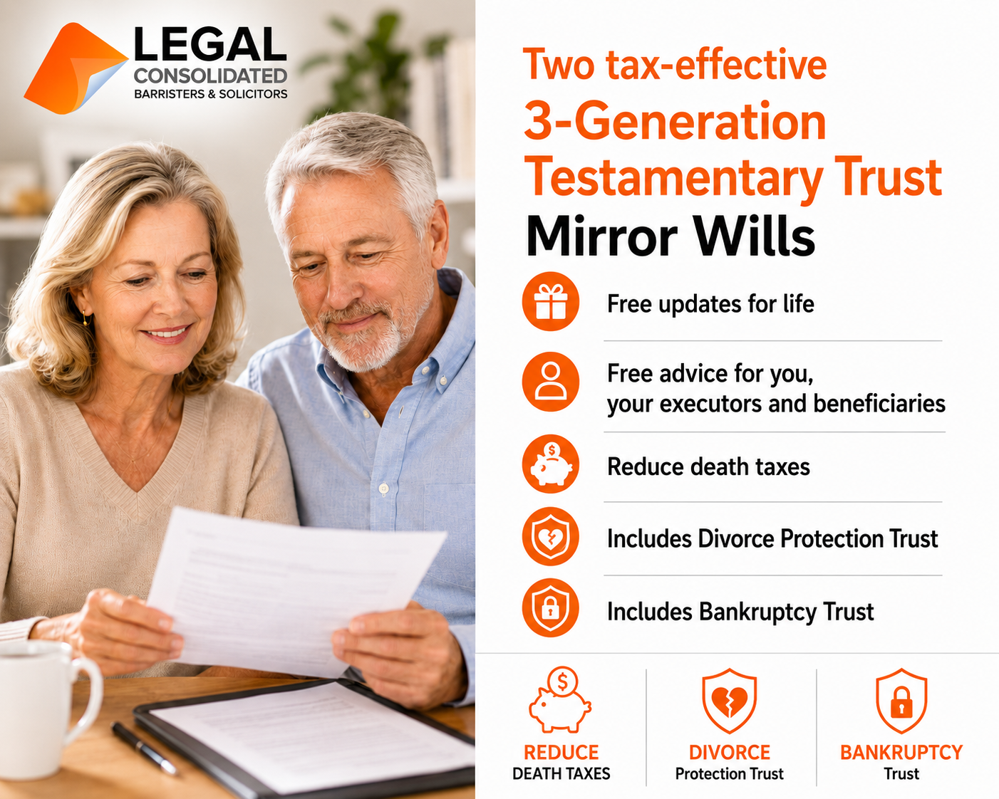 3 Generation Testamentary Mirror Wills reduce death taxes divorce and bankruptcy trusts