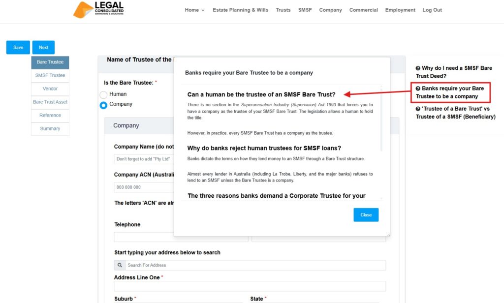 Banks require you to have a company as trustee of the bare trust
