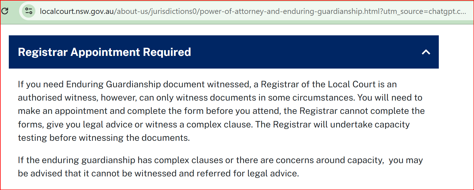 NSW Registrar of the Local Court is an authorised witness for Enduring Guardianship