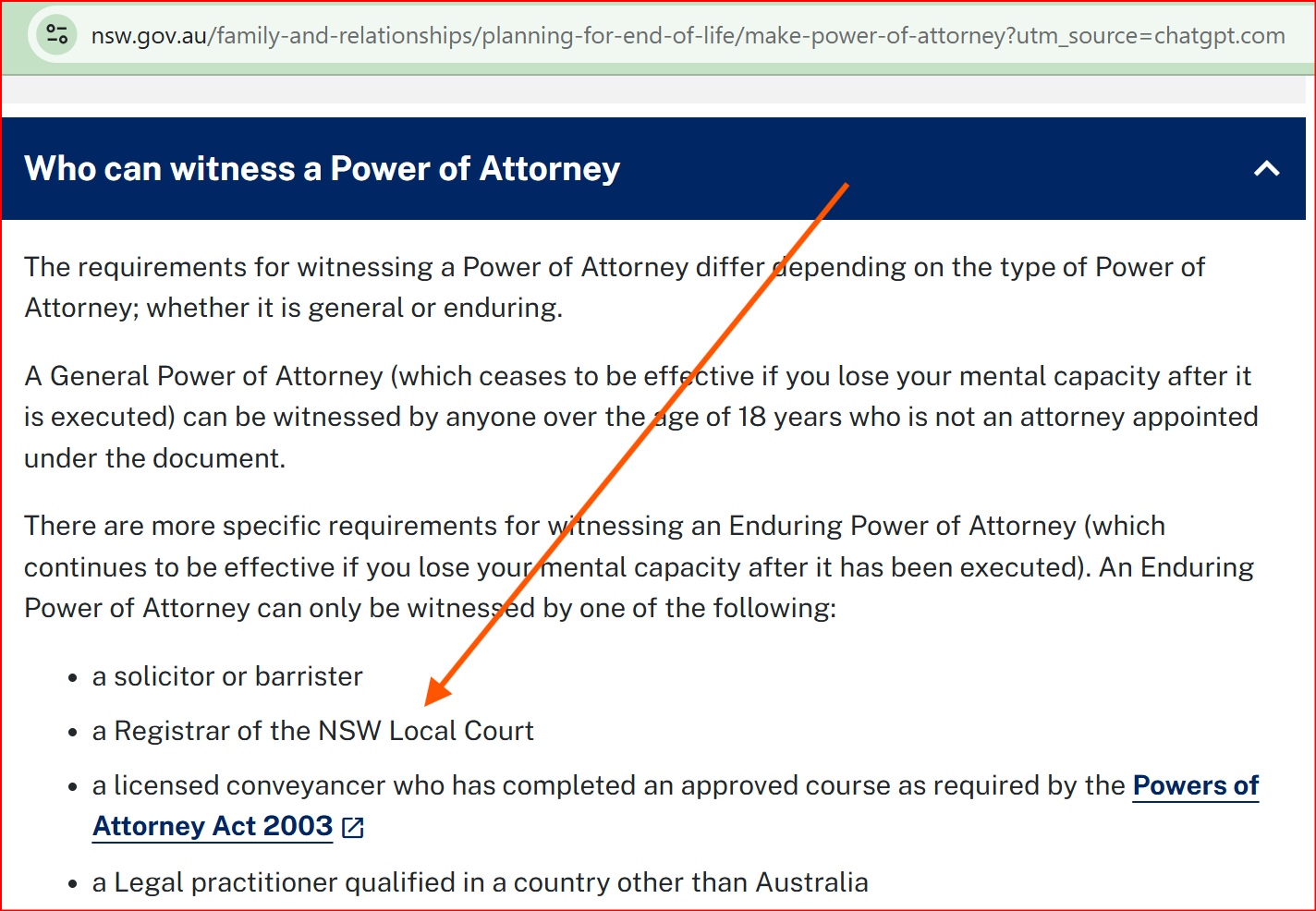 The NSW government confirms that a Registrar of the Local Court is an authorised witness for an Enduring Power of Attorney. Source: NSW government, accessed 6 October 2026.