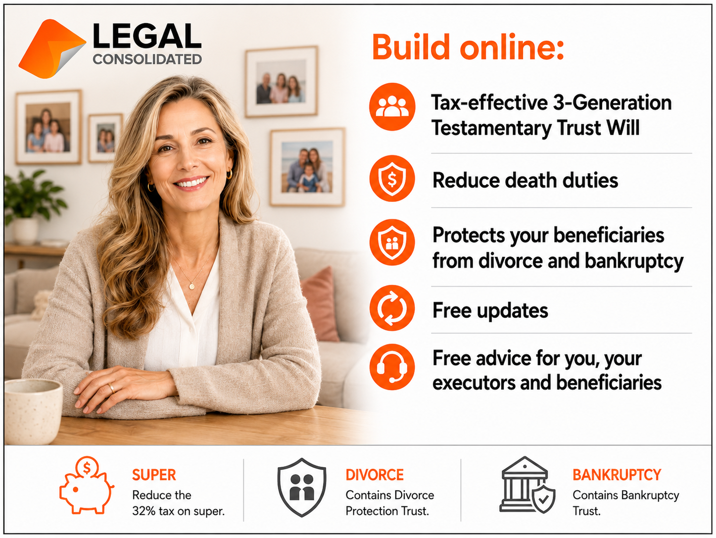 Will for single person containing 3-Generation Testamentary Trusts to reduce death taxes
