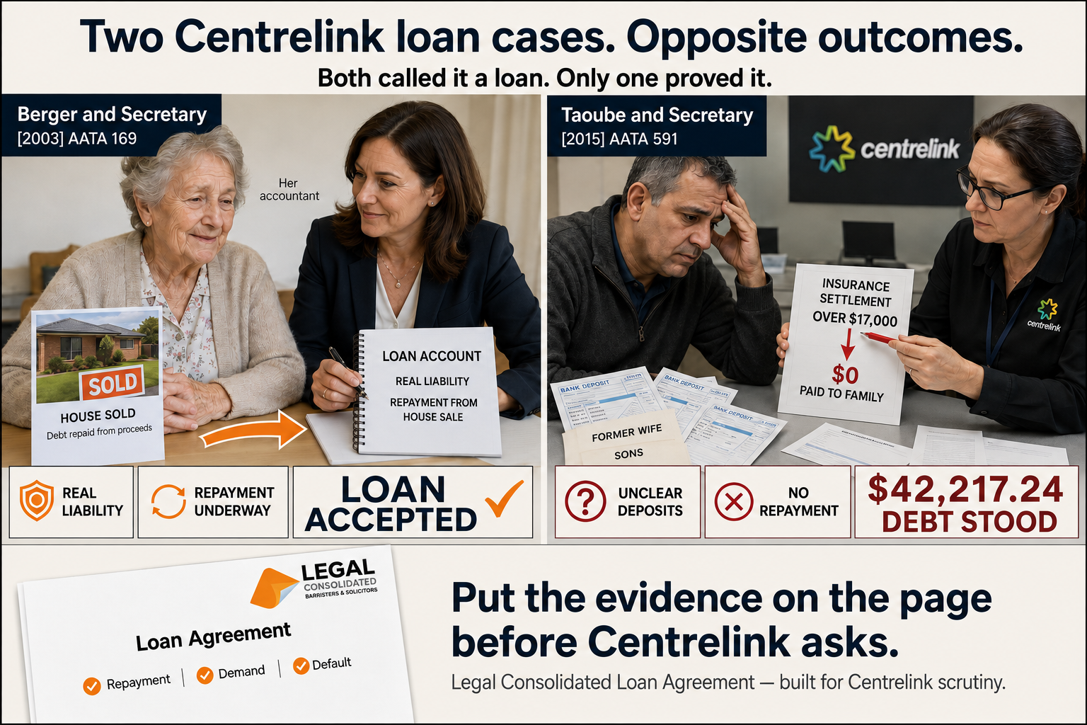 Berger and Taoube Centrelink Loan Agreement cases compared