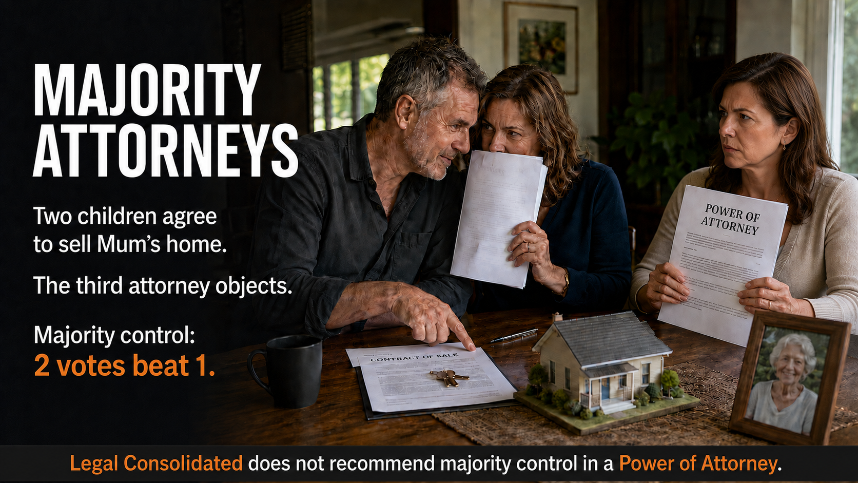 Two adult children privately agree to sell Mum’s home while the third attorney objects under a majority Power of Attorney